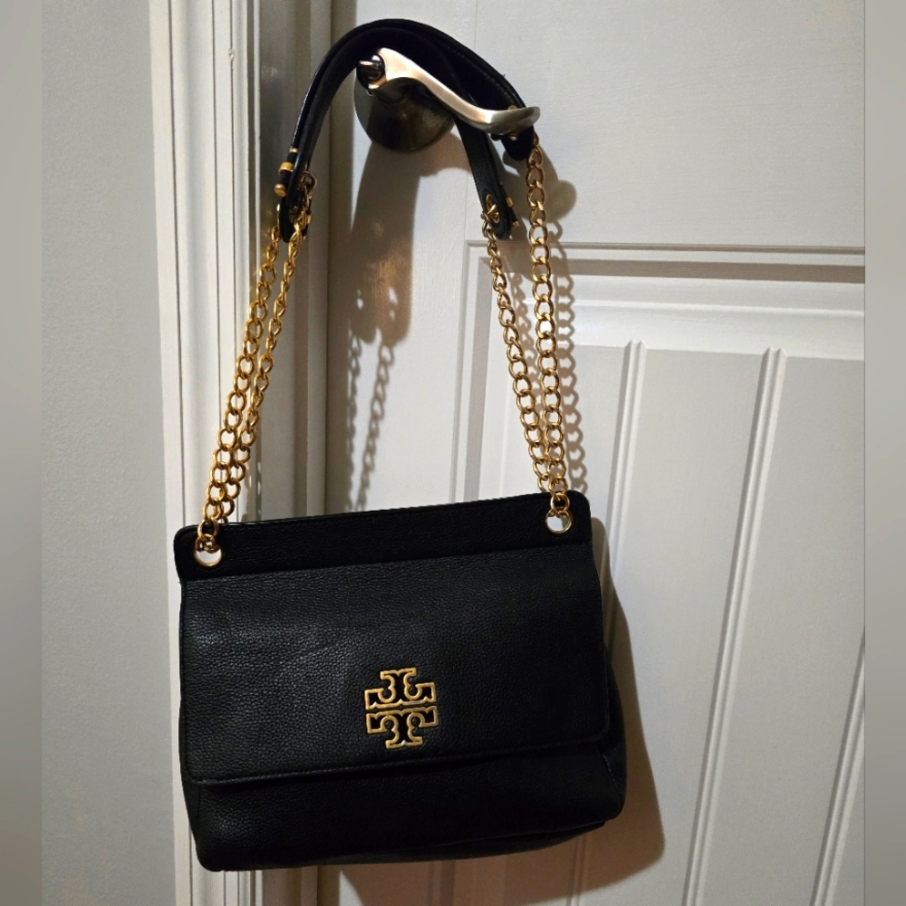Tory Burch Britten Flap Crosbody Shoulder Bag Genuine Black Leather